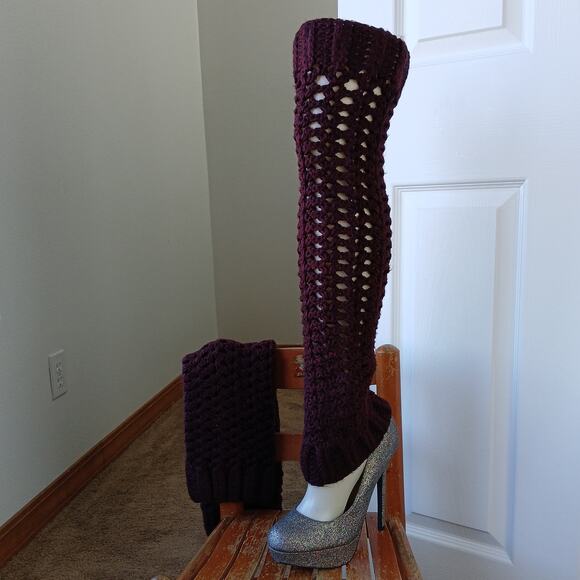 Hand Crafted Accessories - Claret Leg Warmers OSFM crochet warm thick chunky over the knee dance premade